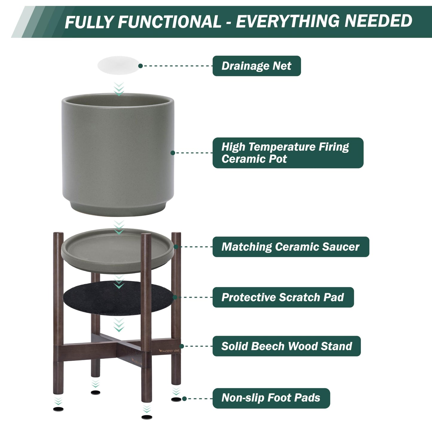 D'vine Dev Ceramic Planter with Walnut Color Stand - 8 Inch Modern Round Flower Pot with Wood Planter Holder, Grey, 55-B-Y-3