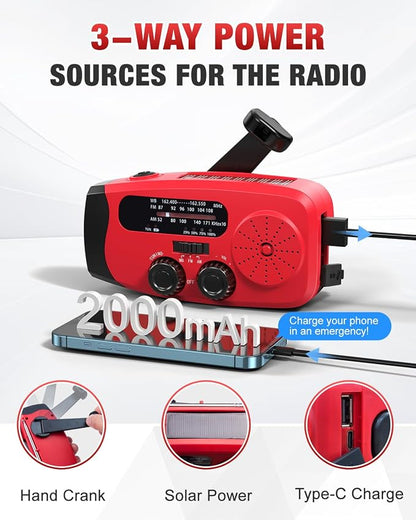 Hand Crank Radio with AM/FM/NOAA Weather Band,for Emergencies, Camping | 3 LED Flashlights,SOS Function,Solar Powered,Hand Cranked, 2000mAh/7400mWh Charger,for Power Outage - Red