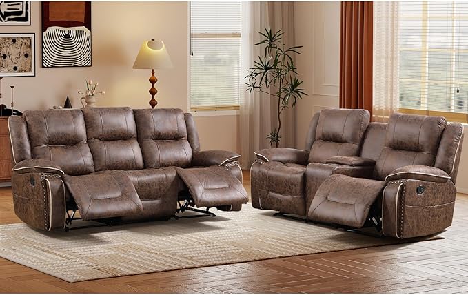 EBELLO Manual Recliner Sofa Set, Faux Leather Reclining Loveseat and 3 Seater
