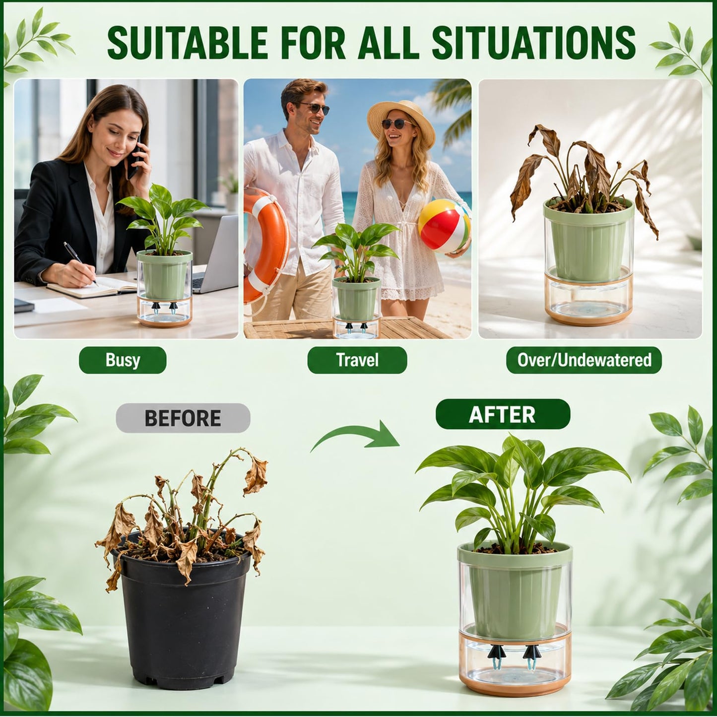JFBNXB Self Watering Spikes for Indoor Plants, Automatic Plant Watering System for Vacation Care and Office Maintenance, 13-Piece Set with 12 Spikes and Absorbent Cotton Rope