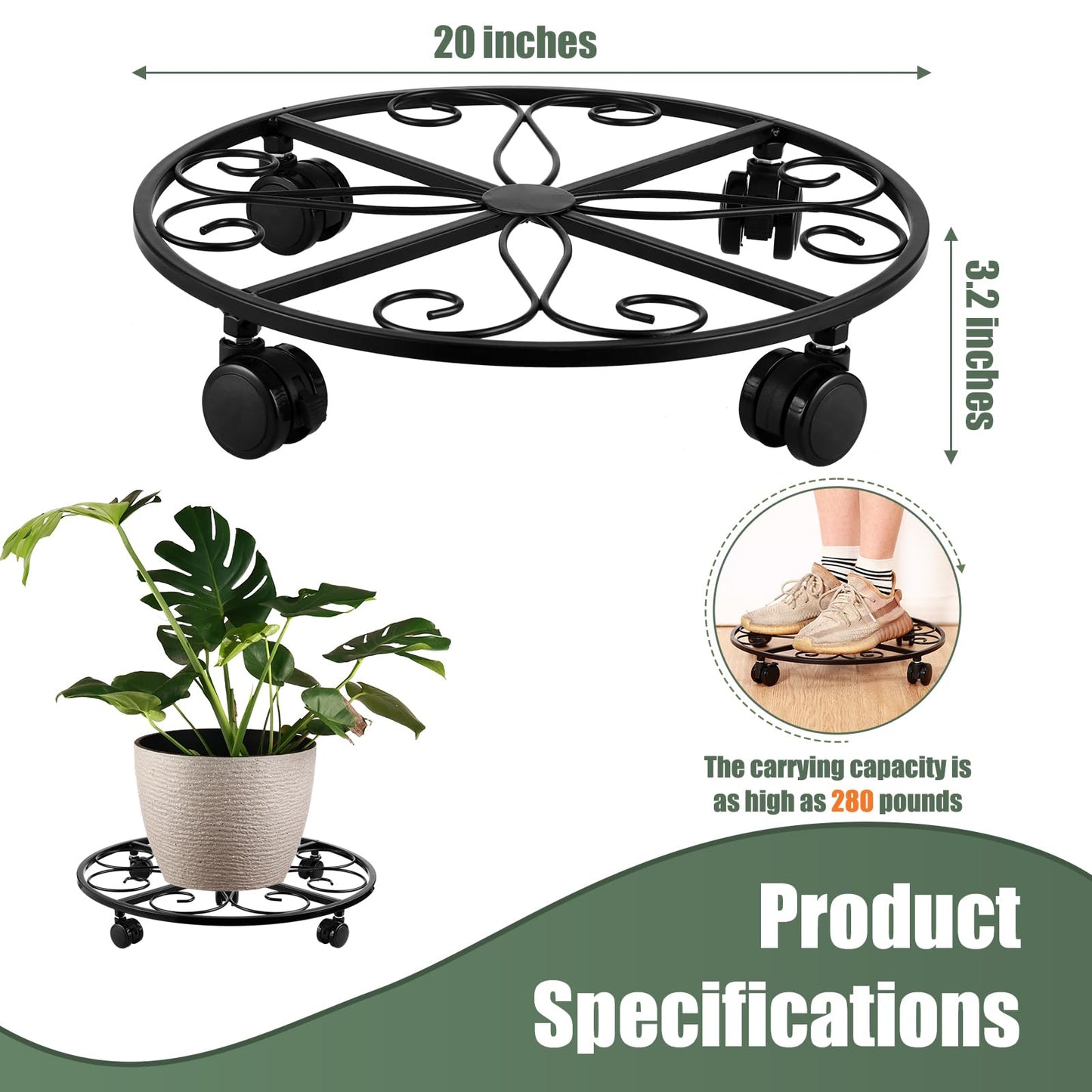 KvyusFlourish 3 Packs 20” Plant Caddy with Wheels Metal Plant Stand on Wheels for Indoor and Outdoor Plants Rolling Plant Stand with Casters Heavy Duty Plant Dolly Roller Caddy, Black