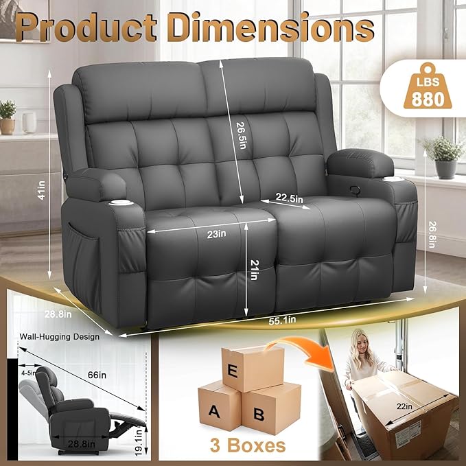 Reclining Loveseat with Pebble Texture Fabric, Loveseat Recliner with USB/Type
