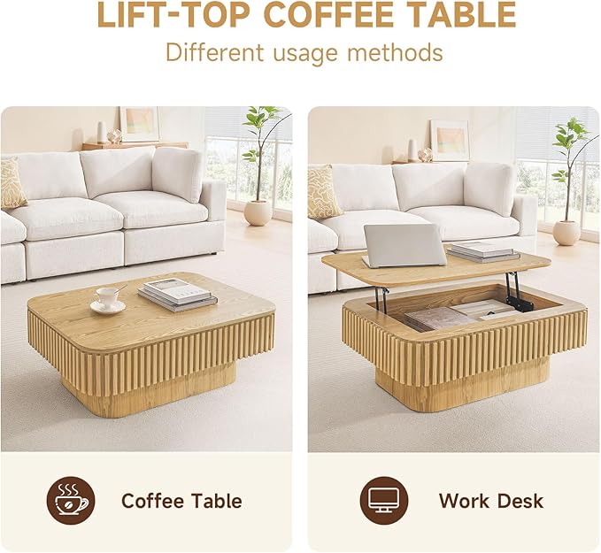 Lift Top Coffee Table for Living Room, Rectangle Handmade Solid Wood Strips