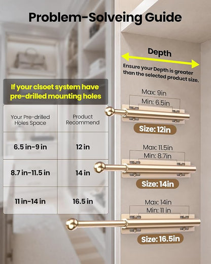 Supforce Valet Rod for Closet Pull Out, Retractable Slide Out Valet Rod Closet Organization, 12" Aluminum Valet Clothing Hanger Rods Perfect for Suits, Freshly Pressed Clothes, Gold