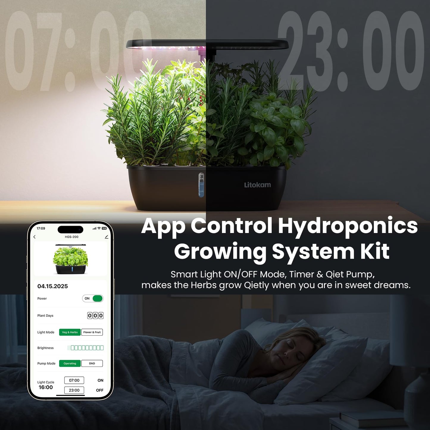 litokam Hydroponics Growing System Kit, 15 Pods Indoor Herb Garden with Smart APP & Quiet Pump, 24W LED Light, Auto Timer, Perfect Indoor Garden for Herbs, Vegetables & Flowers, Ideal for Plant Lovers