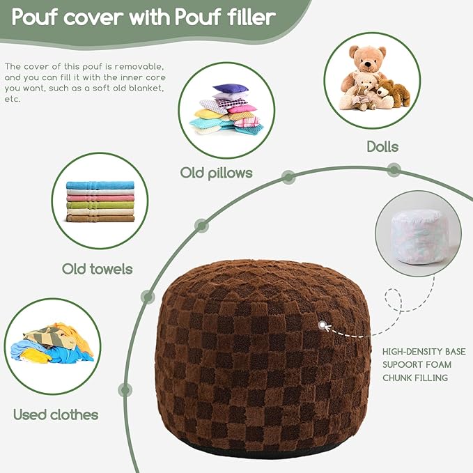 HIGOGOGO Round Stuffed Pouf Ottoman, Plaid Poufs