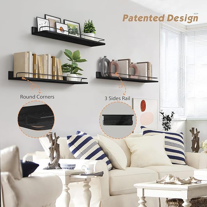Forbena 24 Inch Wall Shelves for Bedroom 3-Pack, Vintage Large Floating Book