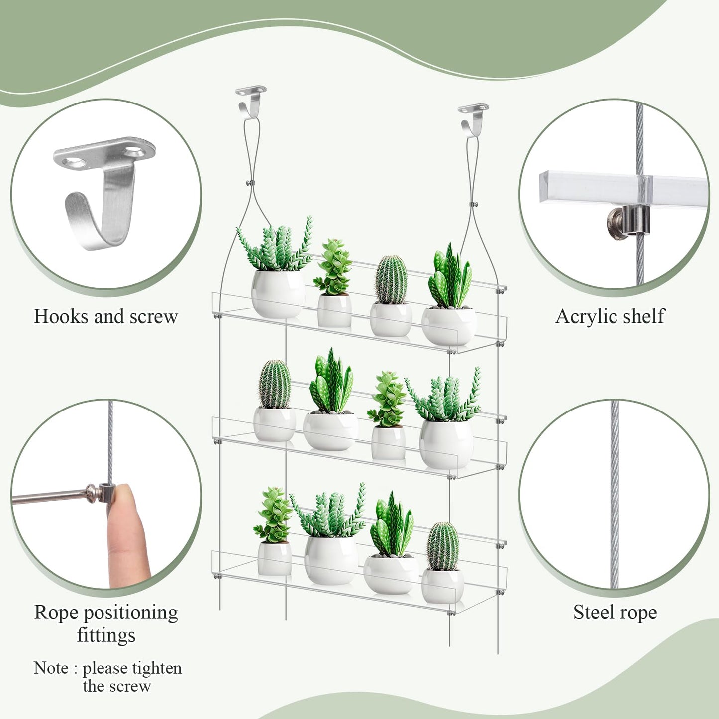 Ziliny 2 Pcs 16 Inch 3 Tier Clear Hanging Window Plant Shelves Acrylic Shelves Hanging Plant Stand Window Hanger Flower Pot Organizer Storage for Indoor Wall Garden Grow Herb