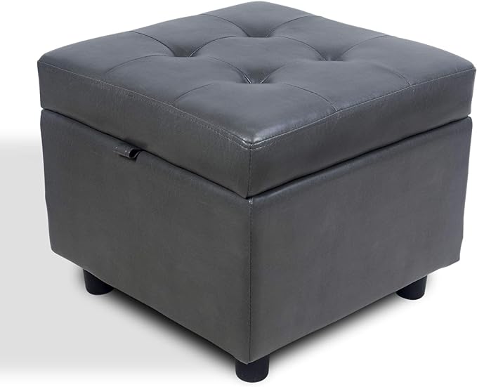 H&B Luxuries Tufted Leather Square Flip Top Storage Ottoman Cube Foot Rest