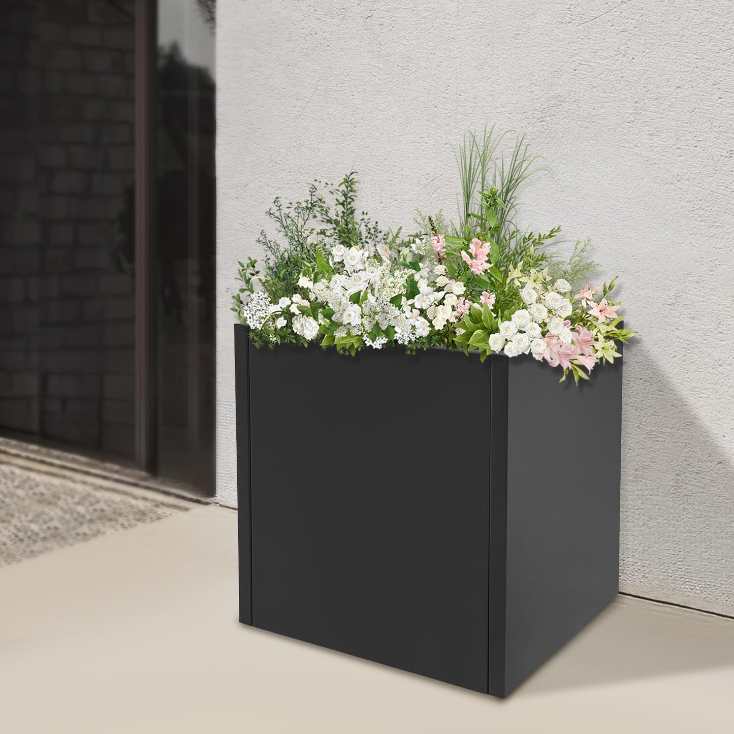 CNCEST Modern Square Steel Planter Box Heavy Duty Galvanized Metal Raised Garden Bed Cube Planter Large Easy Assembly Weather Resistant Indoor Outdoor Patio Balcony Decor (Black, 17inch)
