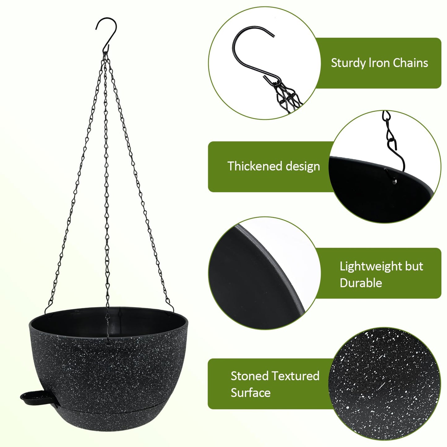 WOUSIWER Self Watering Hanging Planters, 2 Pack 12'' Plastic Pots with Drainage Holes & Reservoir Tray (Speckled Black) | Indoor & Outdoor Use for Ferns, Ivy, Herbs, Succulents