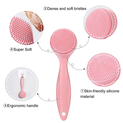 2 Pack Silicone Face Scrubber Exfoliating Brush, Manual Handheld Facial Cleansing Brush Blackhead Scrubber, Soft Bristles Waterproof for Face Skincare (Round-Pink)