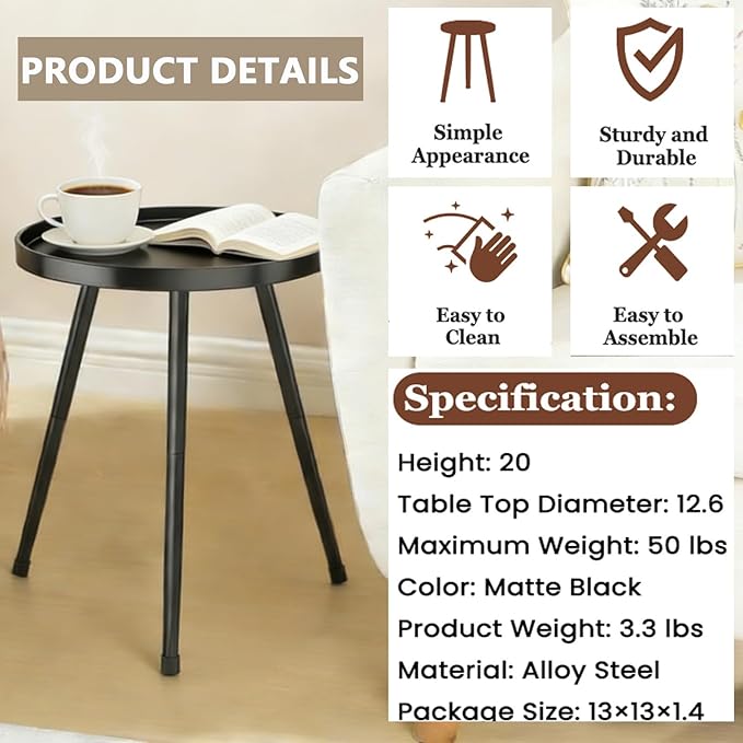 Small Round Side Table Metal End Table Outdoor Black Side Table Mid-Century