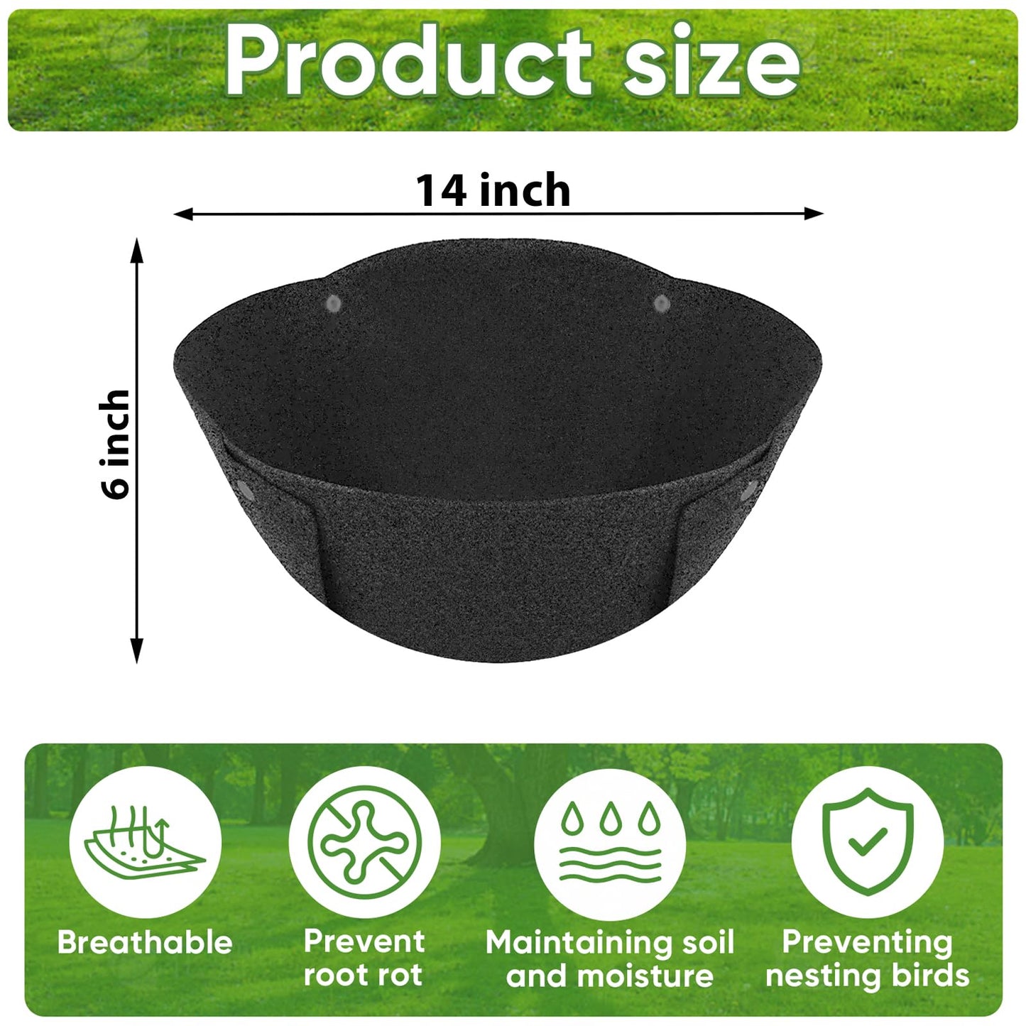 HKZ Hanging Planter Basket Liners - 6 Pack 14 Inch Round Fabric Liners for Hanging Baskets, Replacement Coco Fiber Liner, Durable Non-Woven Liners for Hanging Baskets Planters Flowers, Plants (Black)