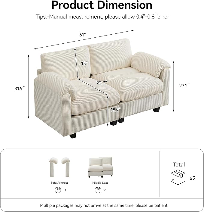 61'' Modular Loveseat Sofa, Extra Deep Seat Cloud Couch