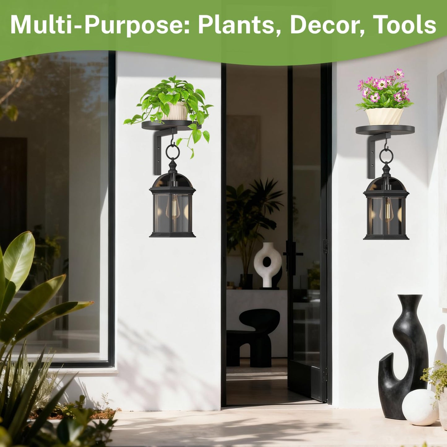 iDavosic.ly Wall Plant Holder Set of 2 for Indoor Outdoor, Metal Hanger with 2 Hooks, Floating Flower Display Stand for Window, Space Saving & Easy to Assemble (Pots/Chains/Plants Not Included), Black