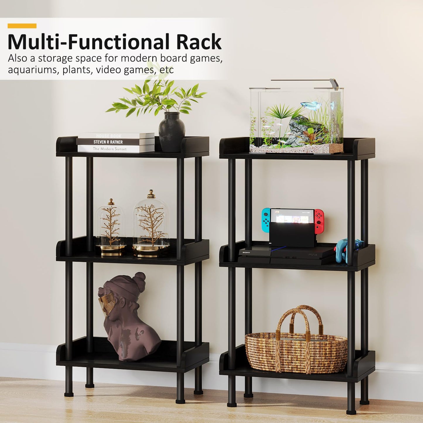 Hosfais Bookshelf Small Book Shelf, 3 Tier Wood Bookcase Industrial Bookshelf with Edge Protection Metal Standing Book Shelves Display Book Rack for Living Room Bedroom Home Office (Black)