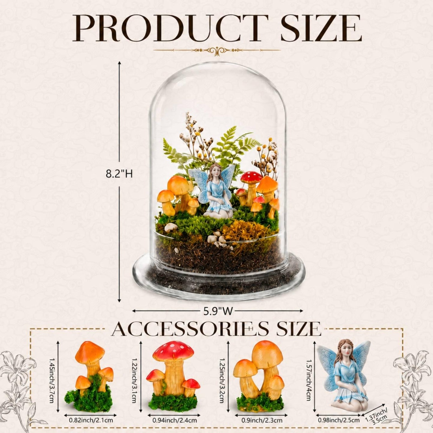 Hushee 5 Pcs 8.2'' x 5.9'' Glass Plant Dome with Mushroom & Fairy Figurines Decorative Humidity Glass Cloche with Base for Indoor Plants Succulents, Miniature Garden Decor for Tabletop - No Plants