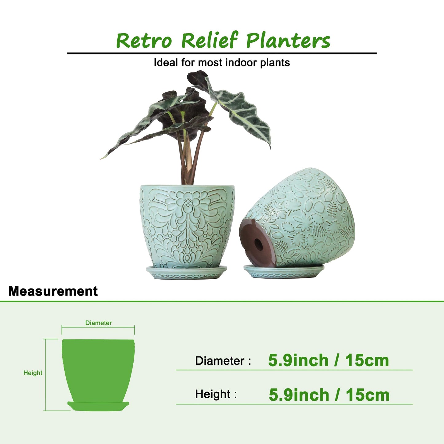 Bestseler 6 Inch Retro Ceramic Planter Set of 2 with Drainage Hole and Saucer for Plants, Indoor-Outdoor Garden Pots for Succulent, Orchid, and Flower (Fits Inner Pots Up to 5 Inches, Retro Green)