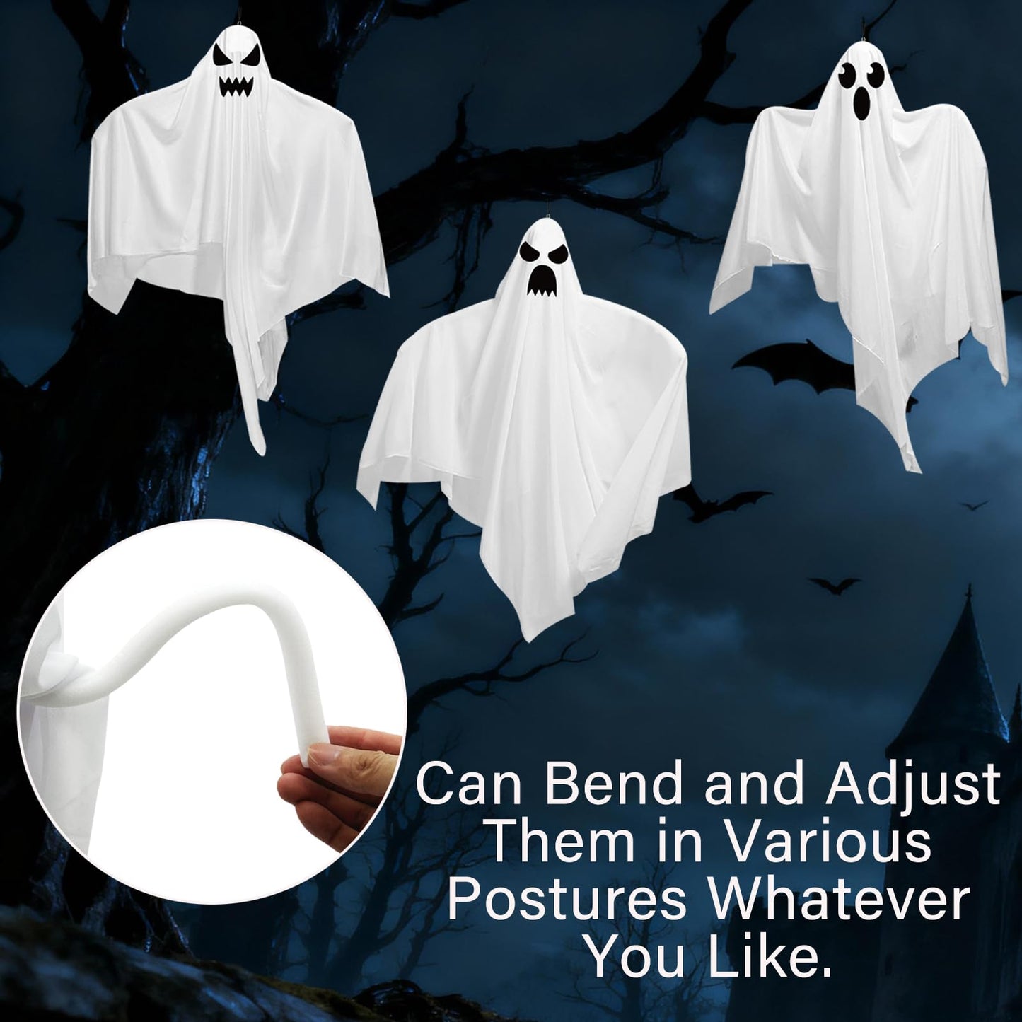 4 Pack 31.5" Halloween Hanging Ghosts, Cute Flying Ghost Halloween Party Decorations for Front Yard Patio Lawn Garden Holiday Decorations