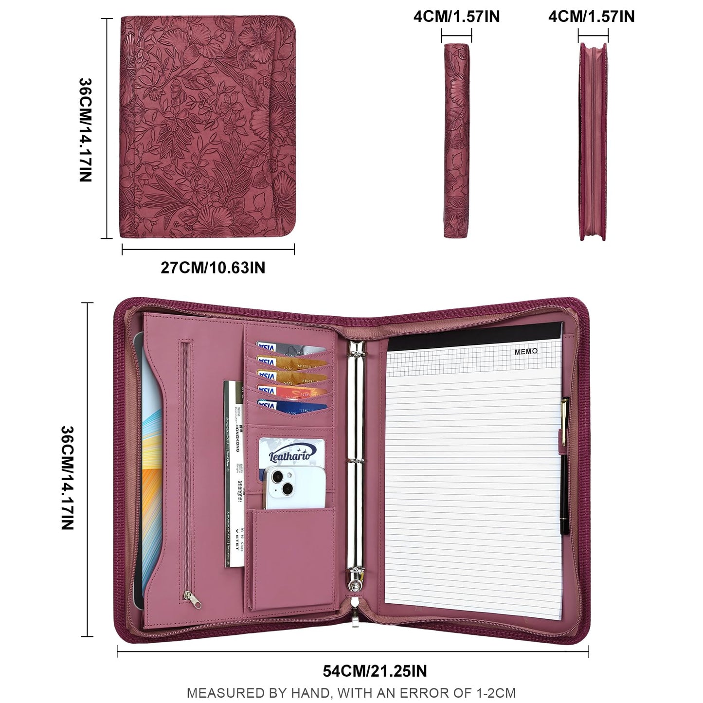 Leathario Portfolio Binder, Includes 5 Folder Index Dividers and 3 Notepads, 3-Ring Folder Organizer, Padfolio with Zipper, Vegan Leather Tablet Sleeve, Business Office Conference Clipboards