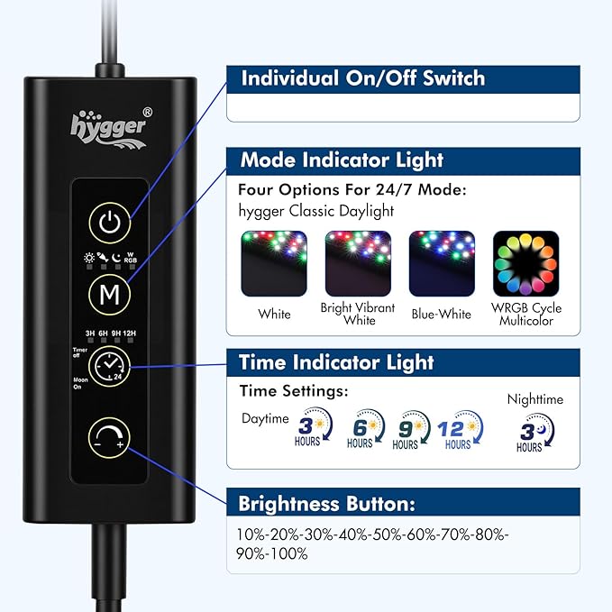 hygger Auto On Off Aquarium LED Light, 4 Mode Lighting Full Spectrum Fish Tank Light 24/7 Timer Colorful Fish/Sun/Nightlight/WRGB Cycle for Freshwater