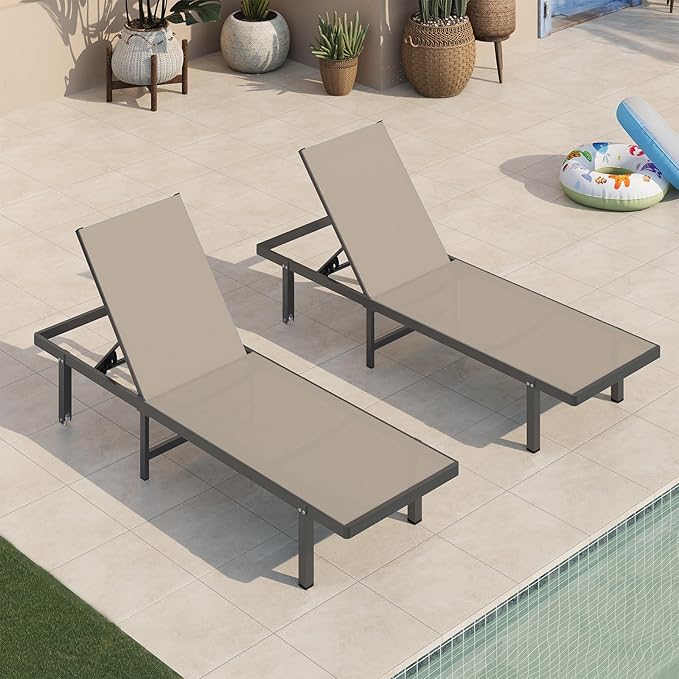 Outdoor Lounge Chairs Set of 2, Aluminum Pool Lounge Chairs