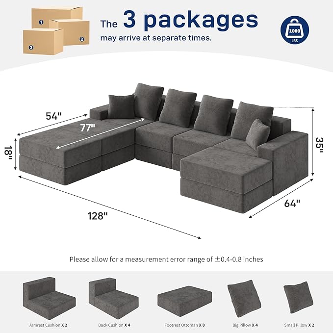 Living&Giving 128" U-Shaped Cloud Sectional Couch