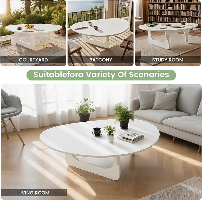 Solid Wood Triangle Coffee Table,Unique Mid Century Modern Oval Coffee Table,Irregular Geometric Tea Tables for Home Living Room with Wooden Tabletop and Reinforced Legs White 43" L x 31" W x 16" H