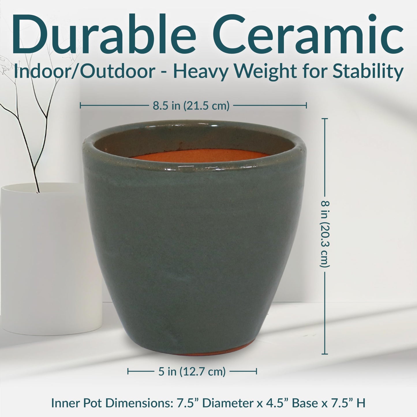 Sunnydaze Resort Round Ceramic Planter - Set of 2 Indoor or Outdoor Plant Pots with Drainage Hole - 8" - Gray Glaze