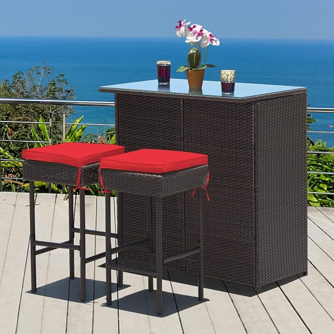 Tangkula Patio Bar Set, 3 Piece Outdoor Rattan Wicker Bar Set