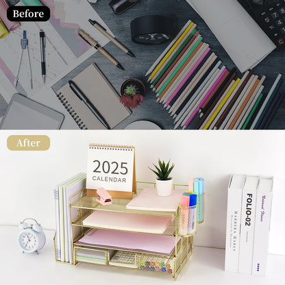 gianotter Desk Organizers and Accessories with File Holder, 4-Tier Desk Accessories & Workspace Organizers with Drawer and 2 Pen Holder, Paper Organizer for Office Supplies(Gold)