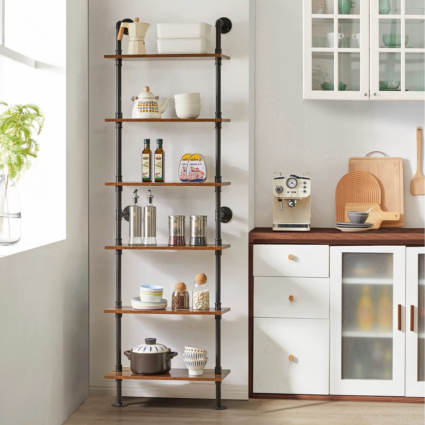 YMYNY Industrial Pipe Ladder Shelf, 6-Tier Wall Mounted Bookcase with Metal Frame, 78.7" Open Bookshelf, Multifunctional Storage Rack for Home Office, Living Room, Plant Stand, Rustic Brown, RF-TM018