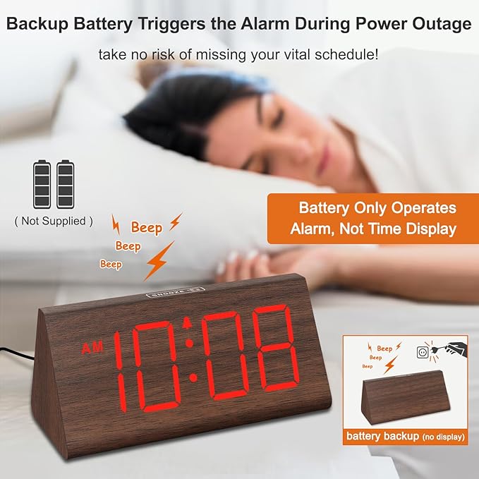 DreamSky Wooden Digital Alarm Clock for Bedrooms with Large Numbers | Electric Desk Clock, USB Port, Loud Alarm for Heavy Sleepers, Adjustable Volume, Dimmer, DST, Wood Décor Gifts, Plug in Clock
