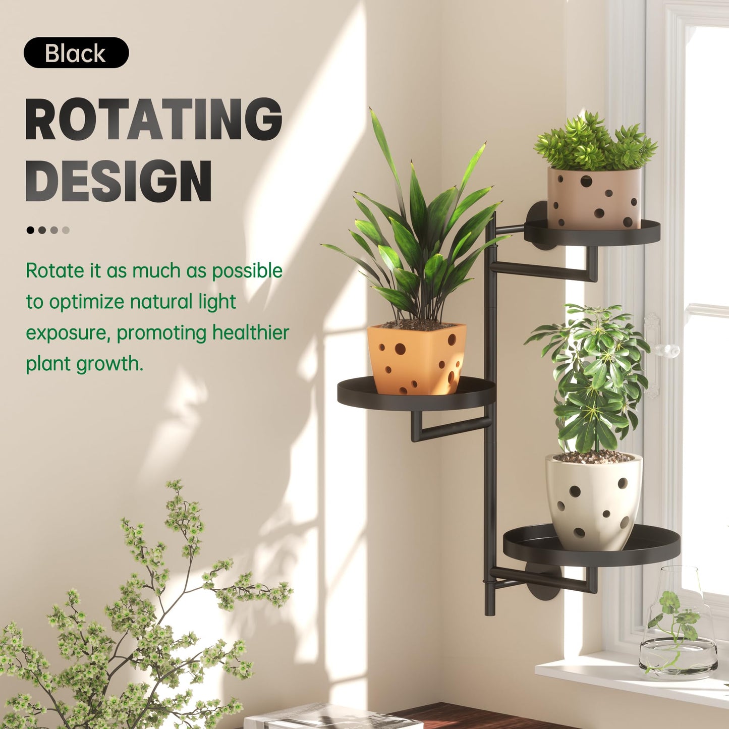 YQSLYSF Window Rotating Plant Stand Shelf Indoor Black Metal Floating Shelves 3-Tier Wall Mount Plant Holders for Living Room Wall Planter Modern Home Decor for Gardening