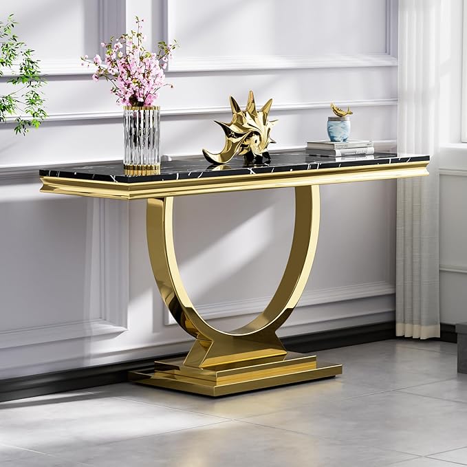 Henf 47" Marble Console Table Modern Black Faux Marble Entryway Table