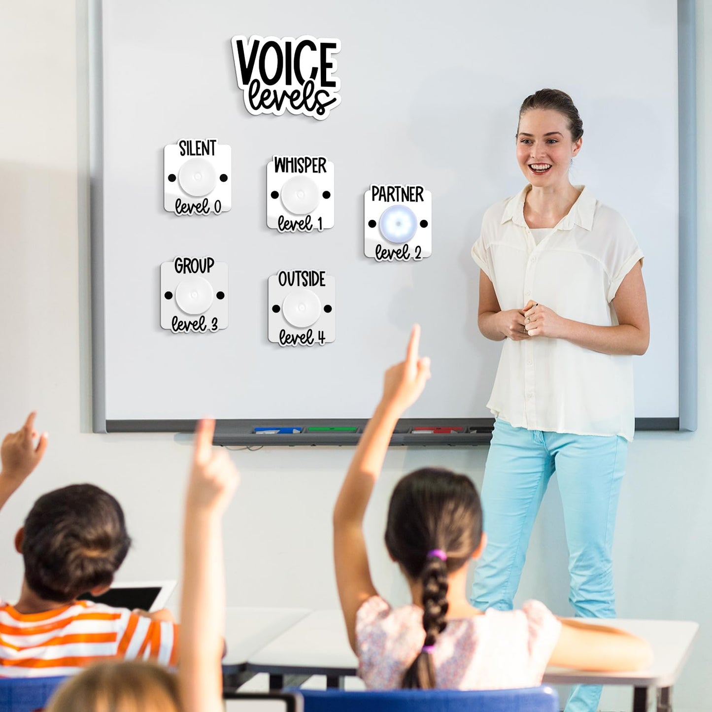 Honoson Voice Level Chart for Classroom with 5 Pack Magnetic Puck Lights Noise Level Chart Teacher Educational Management Supplies for Elementary School Preschool Music Class (Mordern,White)