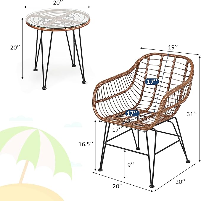 Tangkula 3 Pieces Patio Conversation Bistro Set, Outdoor Wicker Furniture