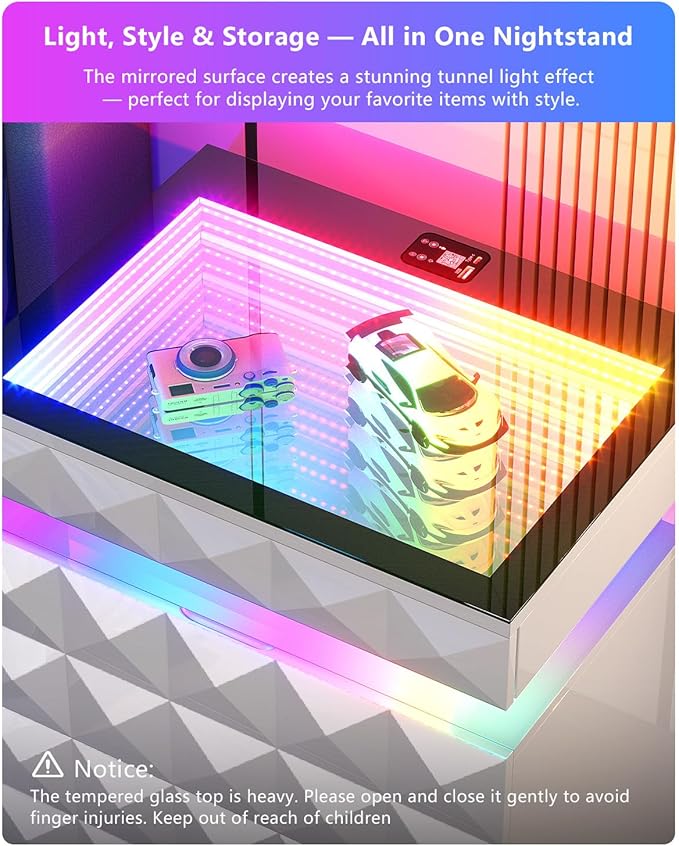 HWB Nightstand with RGB Lights, 3 Drawers Night Stand with Hidden Storage