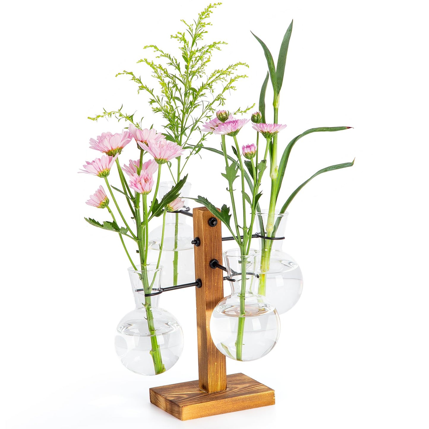Plant Propagation Station with Wood Stand, Propagation Vases for Plants, Terrarium Kit for Home Office Garden Decor, Gifts for Plant Lovers - 4 Bulb Glass Vases