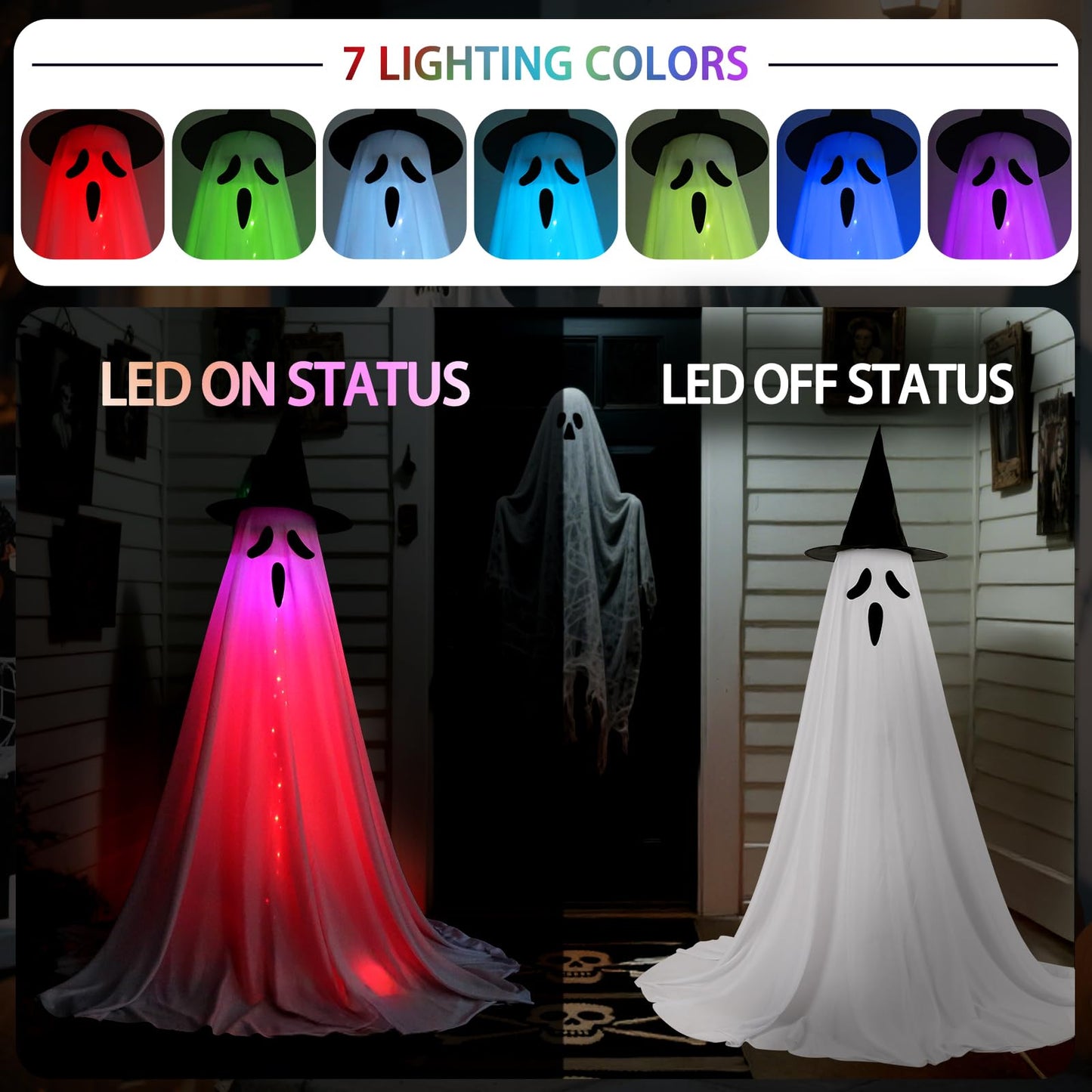 VZQI Halloween Ghost Decorations with LED Lights 2-Pack Indoor Outdoor Spooky Witch Hat Decor for Front Porch Yard Garden