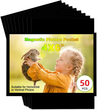 Black Magnetic Picture Frame 4X6 for Refrigerator-50 Pack,Black Photo Magnets Sleeves,Bulk Holders for Classroom