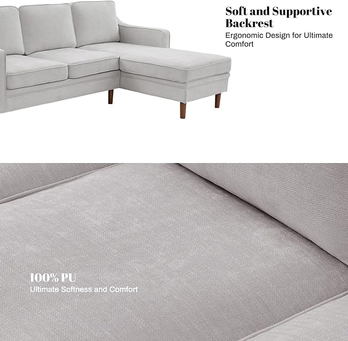 Kingfun 88" L-Shape Sofa, Chenille Sectional Couch, Mid Century Modern Couches