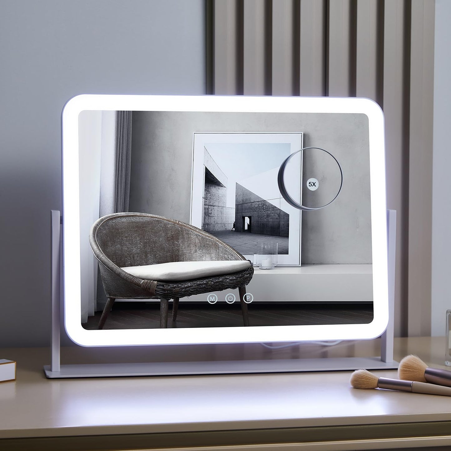 HIEEY Lighted Makeup Mirror, Hollywood Vanity Mirror with Lights, Three Color Lighting Modes, and 5X Magnification Mirror, Smart Touch Control, 360°Rotation (17.3in,White,Gift Box)