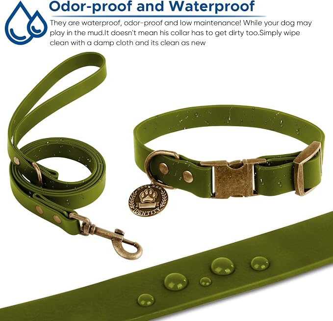 Wisedog Waterproof Dog Collar and Leash Set, S, Green | Adjustable Puppy Collar, Cute Tag, 4FT Dog Leash, Includes Poop Bag, For Small Medium Large Dogs