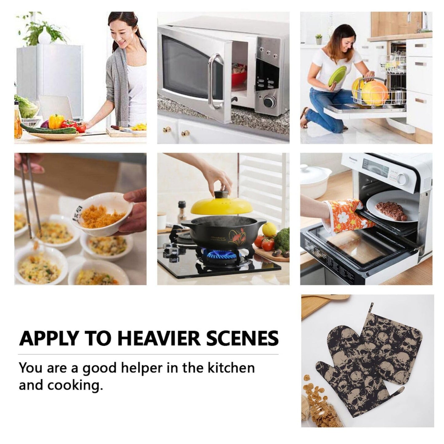 Grunge Horror Scary Skull Oven Mitts and Pot Holders Set of 4 Silicone Heat Resistant Oven Mitten Potholders Non Slip Gloves Kitchen Decor for BBQ Cooking Grilling Baking