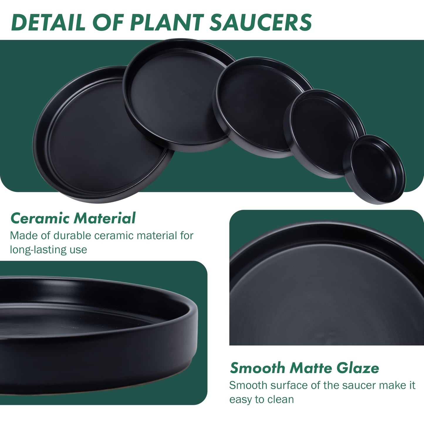 D'vine Dev Modern Round 3.7 Inch Ceramic Plant Pot Saucer, Planter Pot Drainage Tray for Indoor Plants, Matte Black, 97-T-B-1