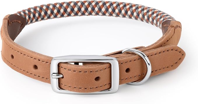Mile High Life Genuine Leather Dog Collar, Durable Braided Cotton Rope Collar with Metal Pin Buckle for Small Medium Large Dogs (Brown Plaid, L Neck 17"-21")
