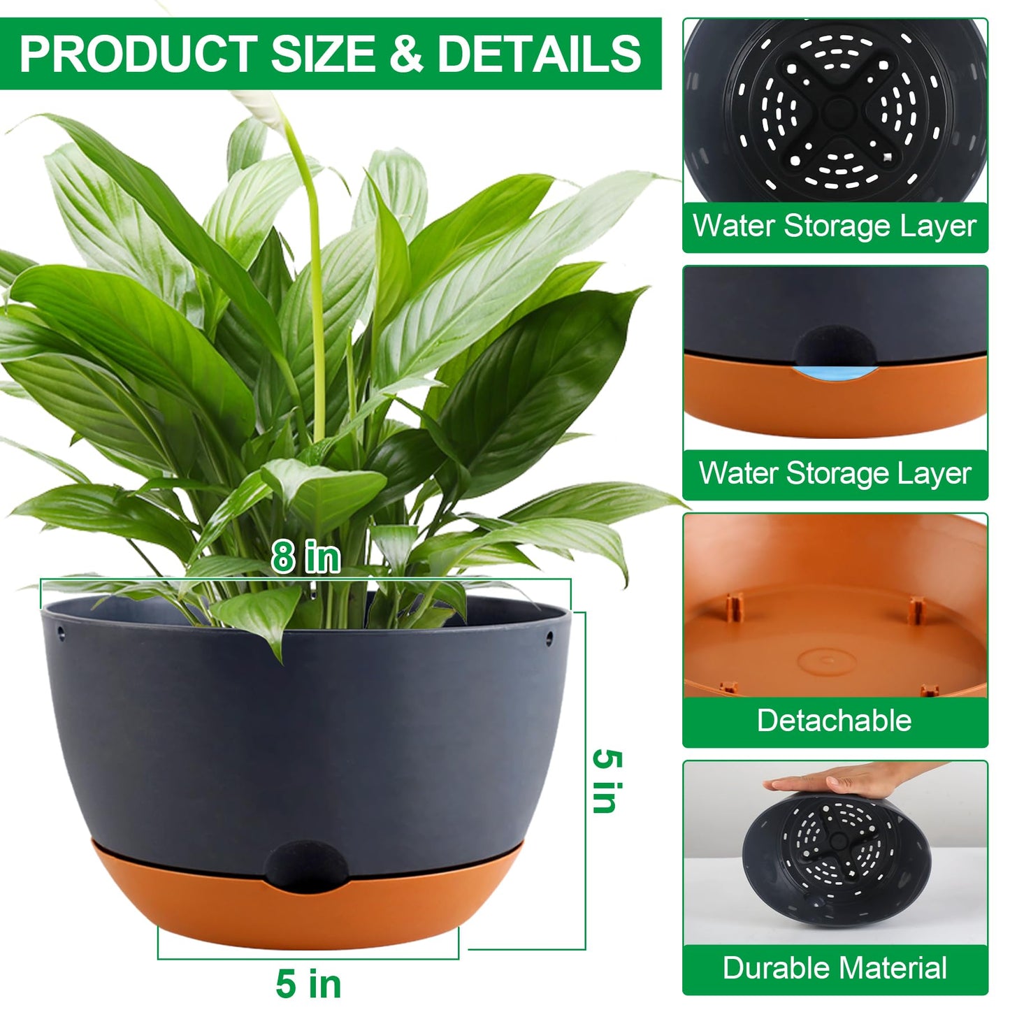 Nooulap 4 Pack Self Watering Pots for Indoor,8 Inch Plant Pot Outdoor Plastic Flower Pot with Drainage and Saucers(Grey)