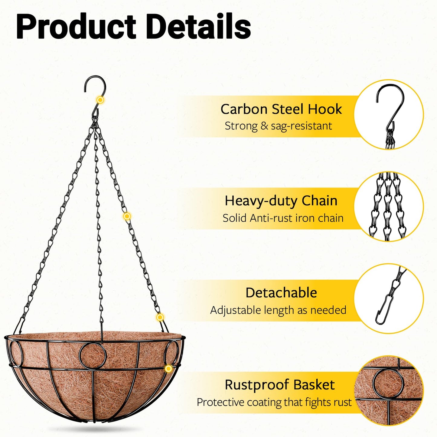 ZeeDix 2 Pack Round Hanging Baskets for Plants Outdoor, 12 Inch Metal Wire Planter Basket with Coco Liner, Hanging Flower Pots for Garden Yard Patio Porch Balcony Decor
